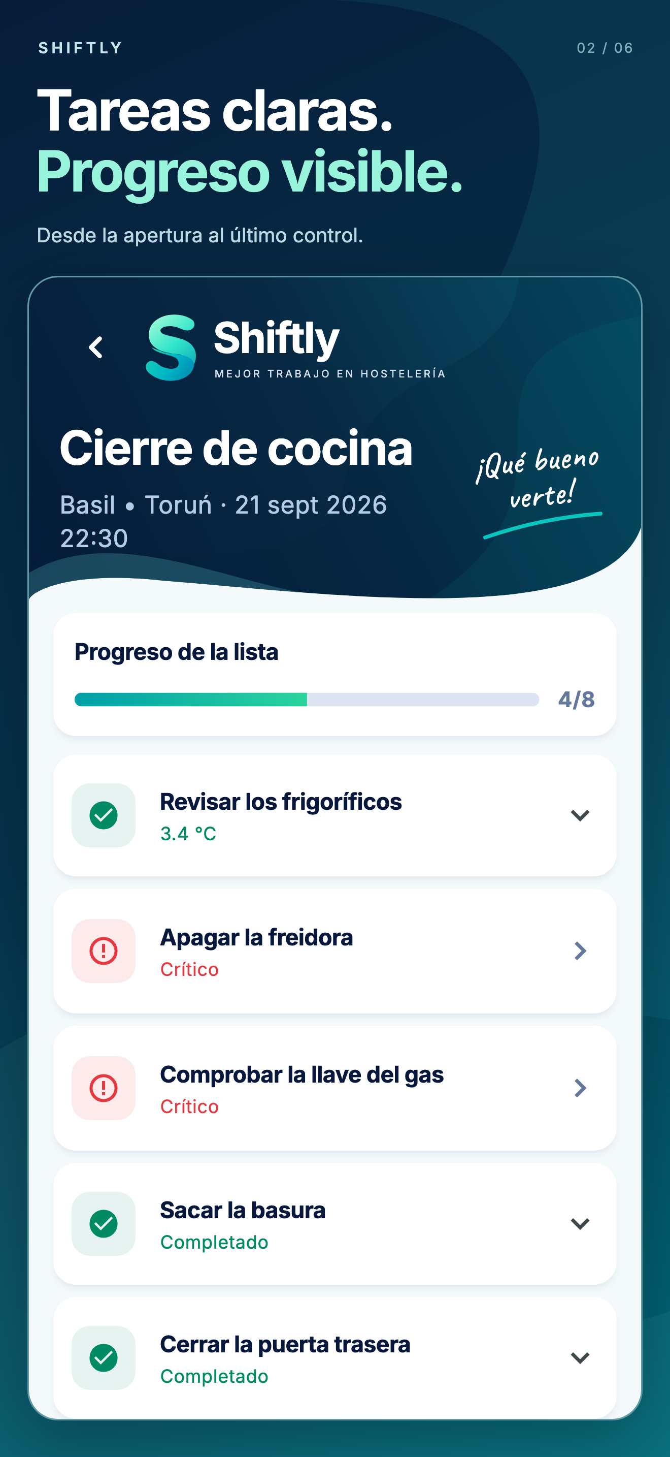 App móvil Shiftly: Listas